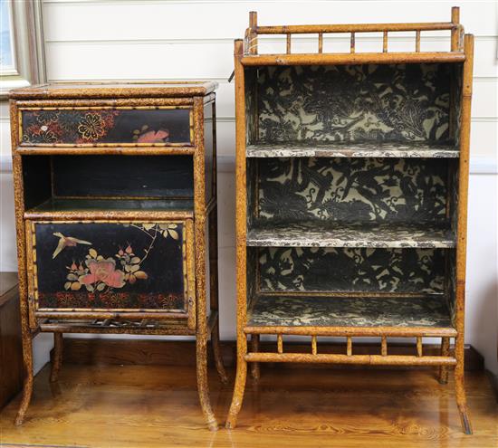 A late Vicorian bamboo and lacquer etagere, the top panel painted with a bird among flowering plants and a bedside cabinet 50cm and 43c
